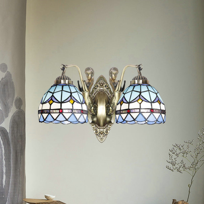 Mermaid Metal Wall Light Baroque 2-Head White/Blue Sconce with Domed Stained Art Glass Shade Clearhalo 'Art deco wall lights' 'Cast Iron' 'Glass' 'Industrial' 'Middle century wall lights' 'Modern' 'Tiffany wall lights' 'Tiffany' 'Traditional wall lights' 'Wall Lamps & Sconces' 'Wall Lights' Lighting' 890382