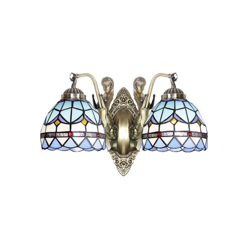 Mermaid Metal Wall Light Baroque 2-Head White/Blue Sconce with Domed Stained Art Glass Shade Clearhalo 'Art deco wall lights' 'Cast Iron' 'Glass' 'Industrial' 'Middle century wall lights' 'Modern' 'Tiffany wall lights' 'Tiffany' 'Traditional wall lights' 'Wall Lamps & Sconces' 'Wall Lights' Lighting' 890383