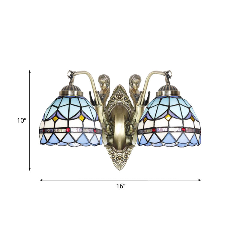 Mermaid Metal Wall Light Baroque 2-Head White/Blue Sconce with Domed Stained Art Glass Shade Clearhalo 'Art deco wall lights' 'Cast Iron' 'Glass' 'Industrial' 'Middle century wall lights' 'Modern' 'Tiffany wall lights' 'Tiffany' 'Traditional wall lights' 'Wall Lamps & Sconces' 'Wall Lights' Lighting' 890384