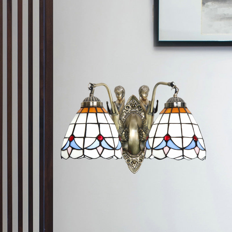 Mermaid Metal Wall Light Baroque 2-Head White/Blue Sconce with Domed Stained Art Glass Shade Clearhalo 'Art deco wall lights' 'Cast Iron' 'Glass' 'Industrial' 'Middle century wall lights' 'Modern' 'Tiffany wall lights' 'Tiffany' 'Traditional wall lights' 'Wall Lamps & Sconces' 'Wall Lights' Lighting' 890386