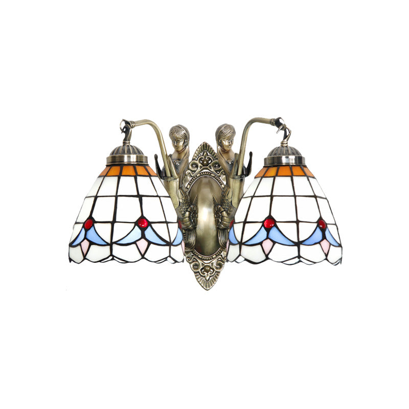 Mermaid Metal Wall Light Baroque 2-Head White/Blue Sconce with Domed Stained Art Glass Shade Clearhalo 'Art deco wall lights' 'Cast Iron' 'Glass' 'Industrial' 'Middle century wall lights' 'Modern' 'Tiffany wall lights' 'Tiffany' 'Traditional wall lights' 'Wall Lamps & Sconces' 'Wall Lights' Lighting' 890388