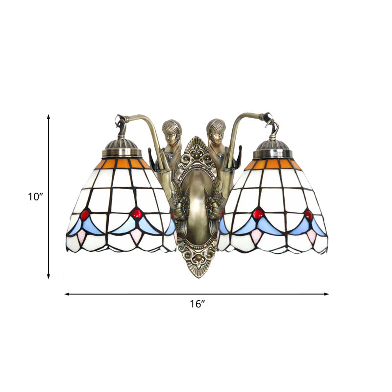 Mermaid Metal Wall Light Baroque 2-Head White/Blue Sconce with Domed Stained Art Glass Shade Clearhalo 'Art deco wall lights' 'Cast Iron' 'Glass' 'Industrial' 'Middle century wall lights' 'Modern' 'Tiffany wall lights' 'Tiffany' 'Traditional wall lights' 'Wall Lamps & Sconces' 'Wall Lights' Lighting' 890389