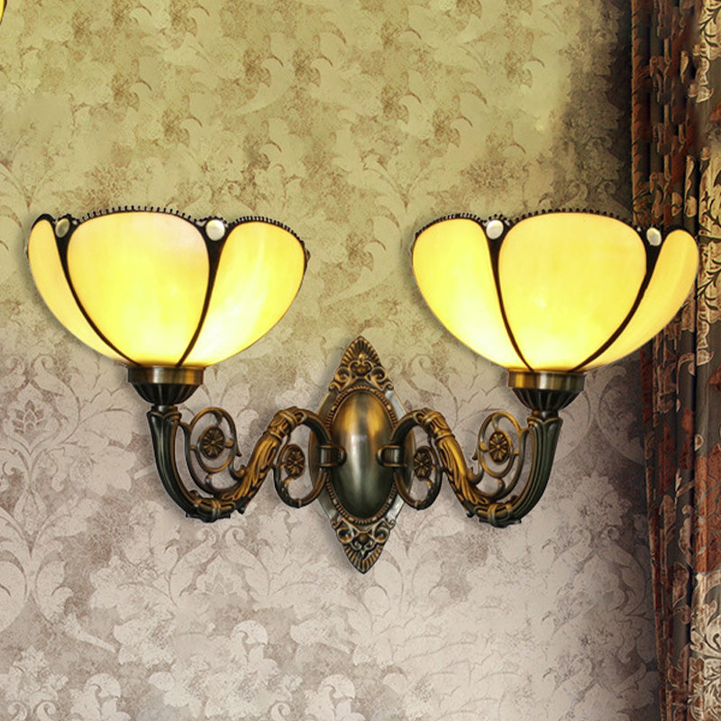2 Heads Bedside Wall Light Fixture Baroque Bronze Surface Wall Sconce with Scalloped Beige Glass Shade Beige Clearhalo 'Art deco wall lights' 'Cast Iron' 'Glass' 'Industrial' 'Middle century wall lights' 'Modern' 'Tiffany wall lights' 'Tiffany' 'Traditional wall lights' 'Wall Lamps & Sconces' 'Wall Lights' Lighting' 890390