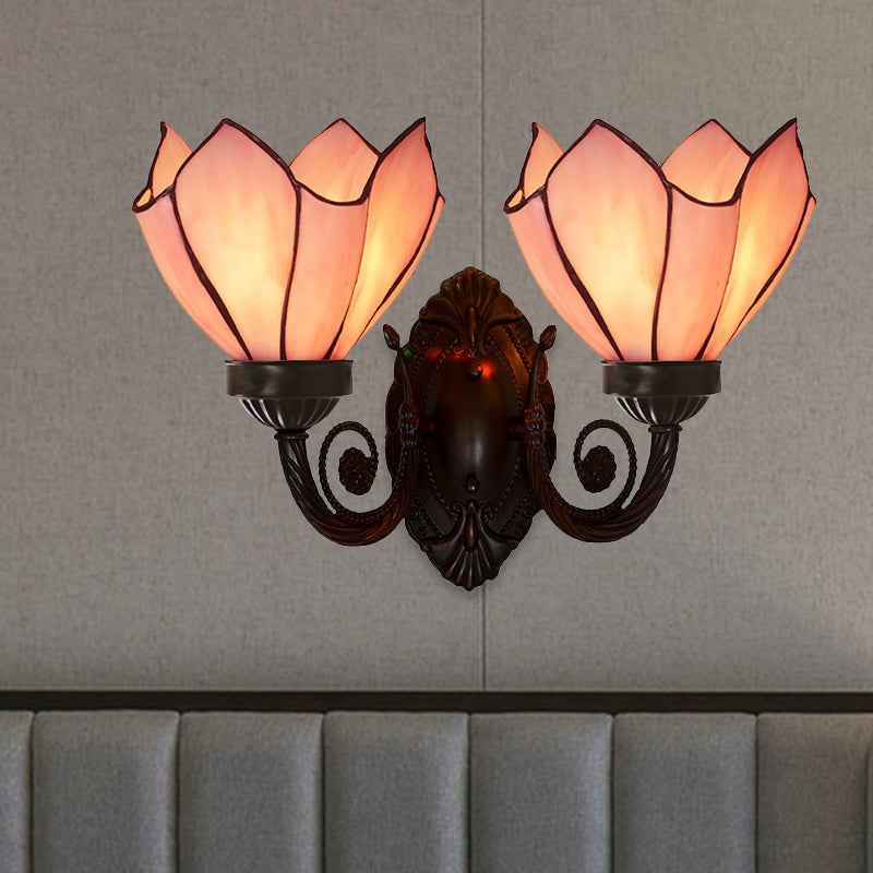 Petal Wall Sconce 2 Lights White/Pink Glass Mediterranean Wall Lighting Fixture with Swirl Arm for Living Room Clearhalo 'Art deco wall lights' 'Cast Iron' 'Glass' 'Industrial' 'Middle century wall lights' 'Modern' 'Tiffany wall lights' 'Tiffany' 'Traditional wall lights' 'Wall Lamps & Sconces' 'Wall Lights' Lighting' 890395