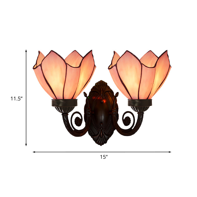 Petal Wall Sconce 2 Lights White/Pink Glass Mediterranean Wall Lighting Fixture with Swirl Arm for Living Room Clearhalo 'Art deco wall lights' 'Cast Iron' 'Glass' 'Industrial' 'Middle century wall lights' 'Modern' 'Tiffany wall lights' 'Tiffany' 'Traditional wall lights' 'Wall Lamps & Sconces' 'Wall Lights' Lighting' 890397