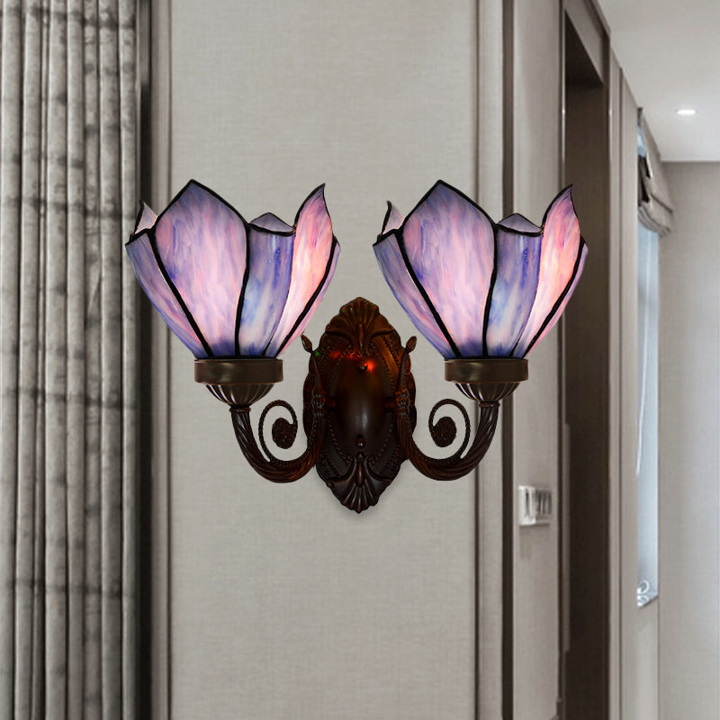 Petal Wall Sconce 2 Lights White/Pink Glass Mediterranean Wall Lighting Fixture with Swirl Arm for Living Room Clearhalo 'Art deco wall lights' 'Cast Iron' 'Glass' 'Industrial' 'Middle century wall lights' 'Modern' 'Tiffany wall lights' 'Tiffany' 'Traditional wall lights' 'Wall Lamps & Sconces' 'Wall Lights' Lighting' 890399