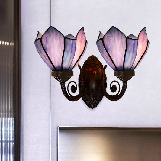 Petal Wall Sconce 2 Lights White/Pink Glass Mediterranean Wall Lighting Fixture with Swirl Arm for Living Room Clearhalo 'Art deco wall lights' 'Cast Iron' 'Glass' 'Industrial' 'Middle century wall lights' 'Modern' 'Tiffany wall lights' 'Tiffany' 'Traditional wall lights' 'Wall Lamps & Sconces' 'Wall Lights' Lighting' 890400