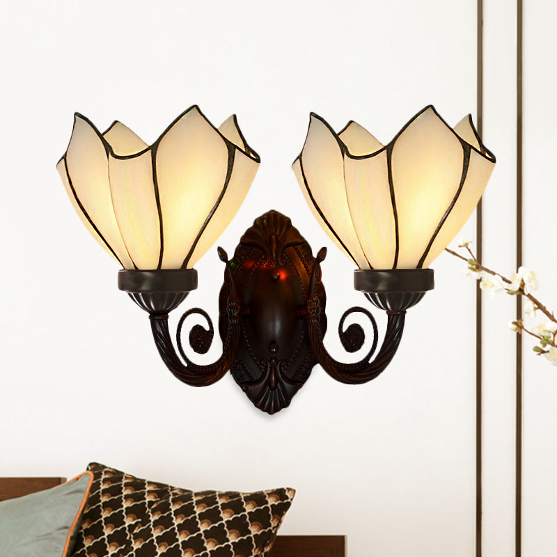 Petal Wall Sconce 2 Lights White/Pink Glass Mediterranean Wall Lighting Fixture with Swirl Arm for Living Room Clearhalo 'Art deco wall lights' 'Cast Iron' 'Glass' 'Industrial' 'Middle century wall lights' 'Modern' 'Tiffany wall lights' 'Tiffany' 'Traditional wall lights' 'Wall Lamps & Sconces' 'Wall Lights' Lighting' 890404