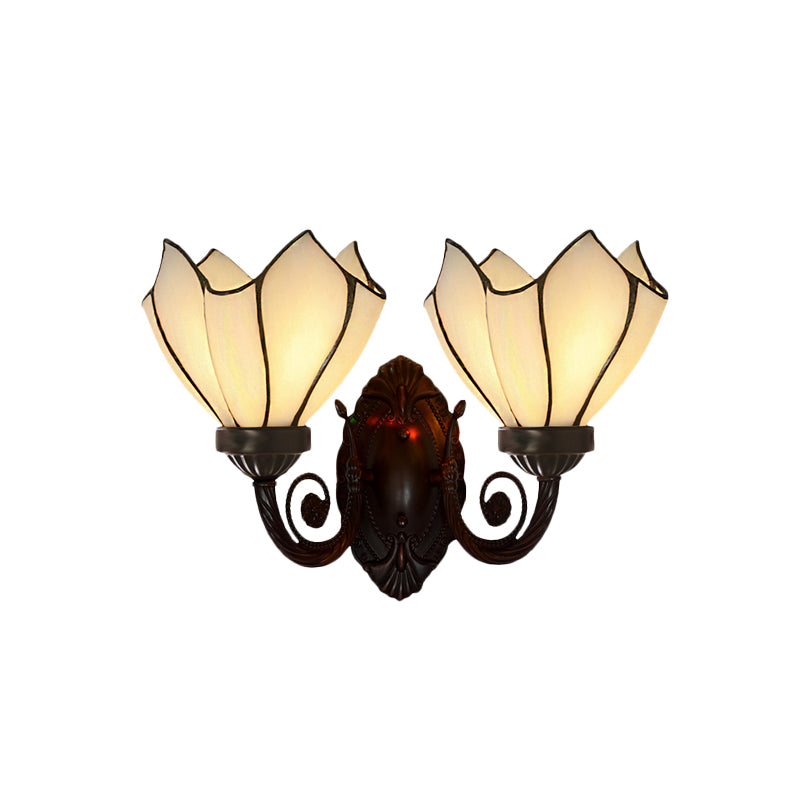 Petal Wall Sconce 2 Lights White/Pink Glass Mediterranean Wall Lighting Fixture with Swirl Arm for Living Room Clearhalo 'Art deco wall lights' 'Cast Iron' 'Glass' 'Industrial' 'Middle century wall lights' 'Modern' 'Tiffany wall lights' 'Tiffany' 'Traditional wall lights' 'Wall Lamps & Sconces' 'Wall Lights' Lighting' 890405