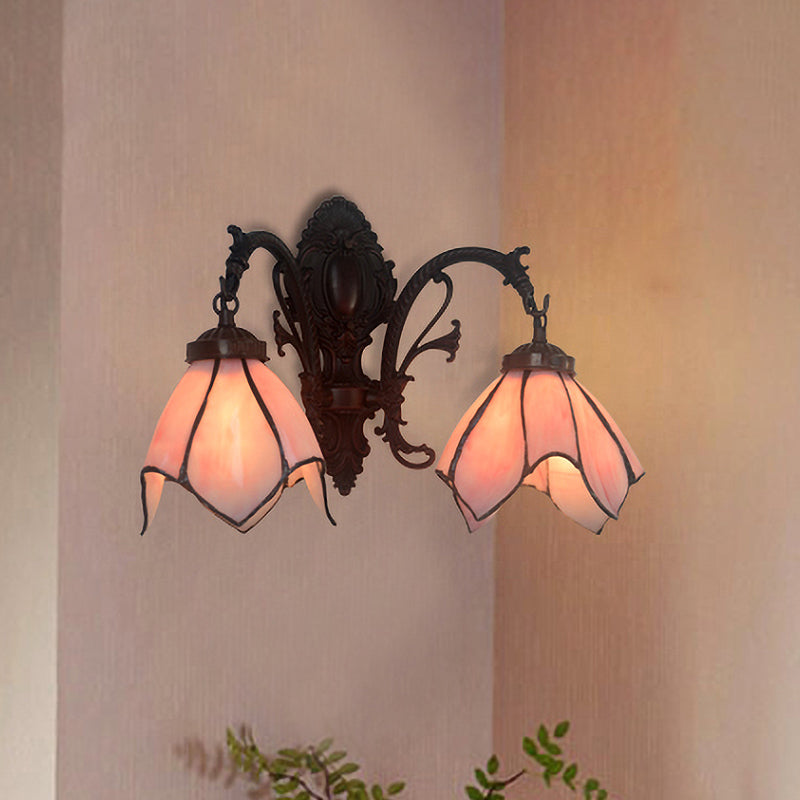 White/Pink Glass Copper Wall Light Sconce Lotus 2 Bulbs Victorian Wall Mount Lamp with Curved Arm Clearhalo 'Art deco wall lights' 'Cast Iron' 'Glass' 'Industrial' 'Middle century wall lights' 'Modern' 'Tiffany wall lights' 'Tiffany' 'Traditional wall lights' 'Wall Lamps & Sconces' 'Wall Lights' Lighting' 890407