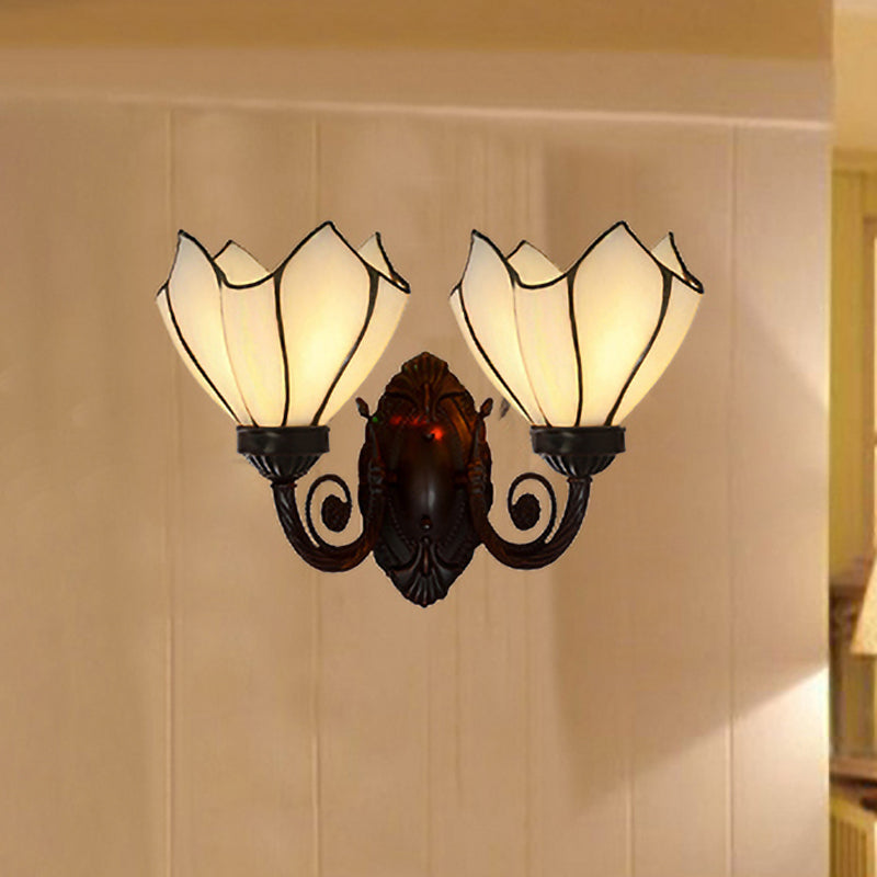 White/Pink Glass Copper Wall Light Sconce Lotus 2 Bulbs Victorian Wall Mount Lamp with Curved Arm White Clearhalo 'Art deco wall lights' 'Cast Iron' 'Glass' 'Industrial' 'Middle century wall lights' 'Modern' 'Tiffany wall lights' 'Tiffany' 'Traditional wall lights' 'Wall Lamps & Sconces' 'Wall Lights' Lighting' 890410