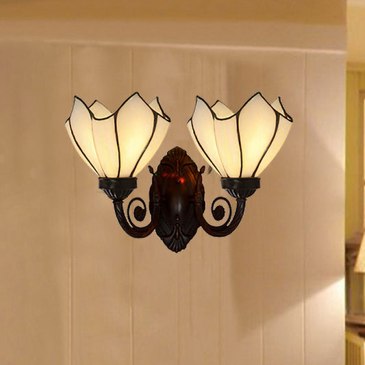 White/Pink Glass Copper Wall Light Sconce Lotus 2 Bulbs Victorian Wall Mount Lamp with Curved Arm White Clearhalo 'Art deco wall lights' 'Cast Iron' 'Glass' 'Industrial' 'Middle century wall lights' 'Modern' 'Tiffany wall lights' 'Tiffany' 'Traditional wall lights' 'Wall Lamps & Sconces' 'Wall Lights' Lighting' 890410