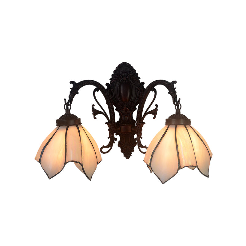 White/Pink Glass Copper Wall Light Sconce Lotus 2 Bulbs Victorian Wall Mount Lamp with Curved Arm Clearhalo 'Art deco wall lights' 'Cast Iron' 'Glass' 'Industrial' 'Middle century wall lights' 'Modern' 'Tiffany wall lights' 'Tiffany' 'Traditional wall lights' 'Wall Lamps & Sconces' 'Wall Lights' Lighting' 890412