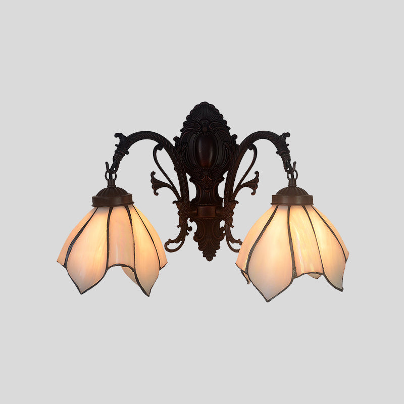 White/Pink Glass Copper Wall Light Sconce Lotus 2 Bulbs Victorian Wall Mount Lamp with Curved Arm Clearhalo 'Art deco wall lights' 'Cast Iron' 'Glass' 'Industrial' 'Middle century wall lights' 'Modern' 'Tiffany wall lights' 'Tiffany' 'Traditional wall lights' 'Wall Lamps & Sconces' 'Wall Lights' Lighting' 890413