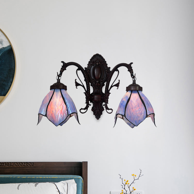 White/Pink Glass Copper Wall Light Sconce Lotus 2 Bulbs Victorian Wall Mount Lamp with Curved Arm Clearhalo 'Art deco wall lights' 'Cast Iron' 'Glass' 'Industrial' 'Middle century wall lights' 'Modern' 'Tiffany wall lights' 'Tiffany' 'Traditional wall lights' 'Wall Lamps & Sconces' 'Wall Lights' Lighting' 890415