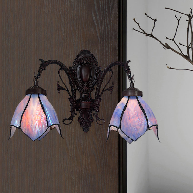 White/Pink Glass Copper Wall Light Sconce Lotus 2 Bulbs Victorian Wall Mount Lamp with Curved Arm Clearhalo 'Art deco wall lights' 'Cast Iron' 'Glass' 'Industrial' 'Middle century wall lights' 'Modern' 'Tiffany wall lights' 'Tiffany' 'Traditional wall lights' 'Wall Lamps & Sconces' 'Wall Lights' Lighting' 890416