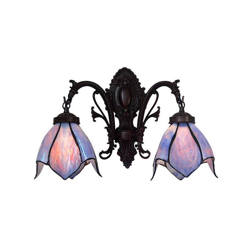 White/Pink Glass Copper Wall Light Sconce Lotus 2 Bulbs Victorian Wall Mount Lamp with Curved Arm Clearhalo 'Art deco wall lights' 'Cast Iron' 'Glass' 'Industrial' 'Middle century wall lights' 'Modern' 'Tiffany wall lights' 'Tiffany' 'Traditional wall lights' 'Wall Lamps & Sconces' 'Wall Lights' Lighting' 890417