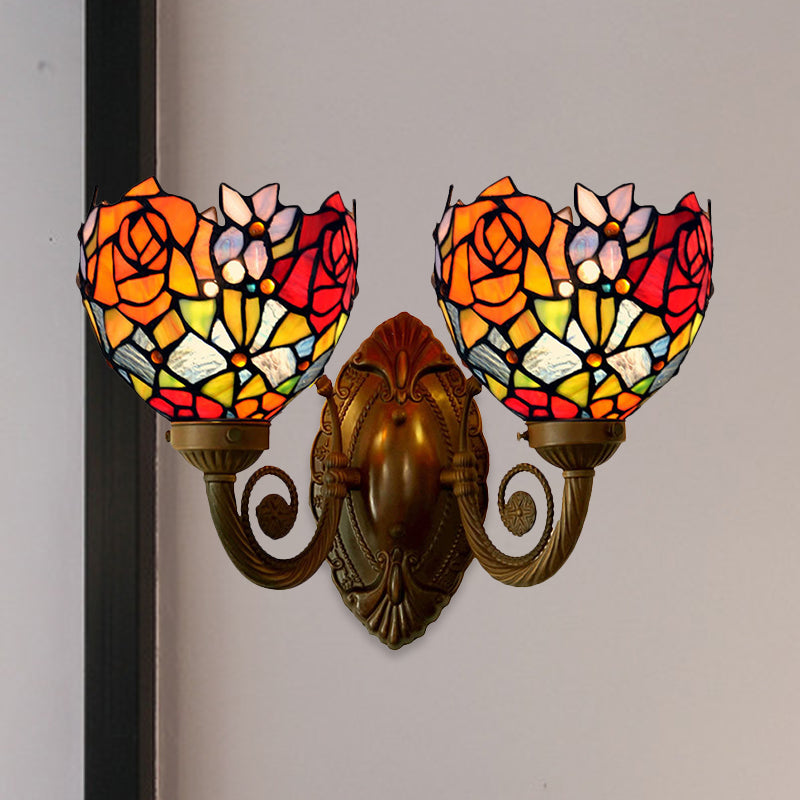2 Lights Wall Sconce Light Tiffany Rose Patterned Stained Glass Wall Lamp in Bronze with Bowl Shade Bronze Clearhalo 'Art deco wall lights' 'Cast Iron' 'Glass' 'Industrial' 'Middle century wall lights' 'Modern' 'Tiffany wall lights' 'Tiffany' 'Traditional wall lights' 'Wall Lamps & Sconces' 'Wall Lights' Lighting' 890418