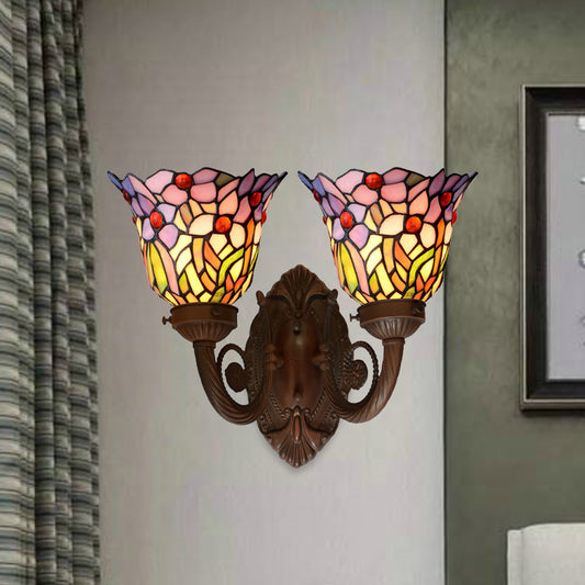 Pink/Blue Flared Wall Sconce Lighting Mediterranean 2 Heads Hand Cut Glass Wall Light Fixture with Fruit Pattern Clearhalo 'Art deco wall lights' 'Cast Iron' 'Glass' 'Industrial' 'Middle century wall lights' 'Modern' 'Tiffany wall lights' 'Tiffany' 'Traditional wall lights' 'Wall Lamps & Sconces' 'Wall Lights' Lighting' 890423
