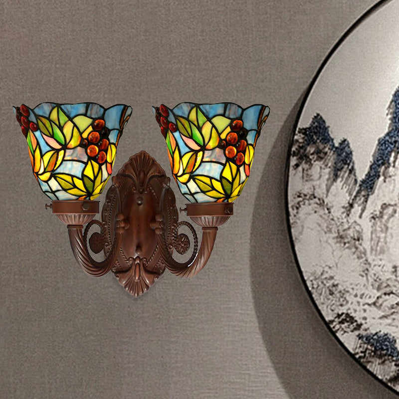 Pink/Blue Flared Wall Sconce Lighting Mediterranean 2 Heads Hand Cut Glass Wall Light Fixture with Fruit Pattern Clearhalo 'Art deco wall lights' 'Cast Iron' 'Glass' 'Industrial' 'Middle century wall lights' 'Modern' 'Tiffany wall lights' 'Tiffany' 'Traditional wall lights' 'Wall Lamps & Sconces' 'Wall Lights' Lighting' 890428