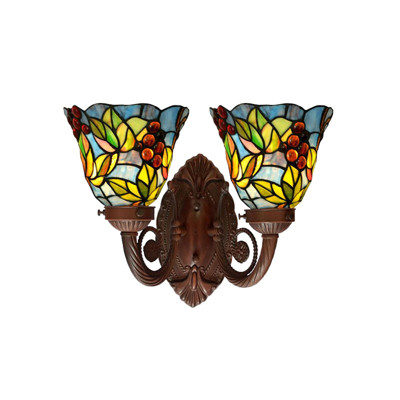 Pink/Blue Flared Wall Sconce Lighting Mediterranean 2 Heads Hand Cut Glass Wall Light Fixture with Fruit Pattern Clearhalo 'Art deco wall lights' 'Cast Iron' 'Glass' 'Industrial' 'Middle century wall lights' 'Modern' 'Tiffany wall lights' 'Tiffany' 'Traditional wall lights' 'Wall Lamps & Sconces' 'Wall Lights' Lighting' 890429