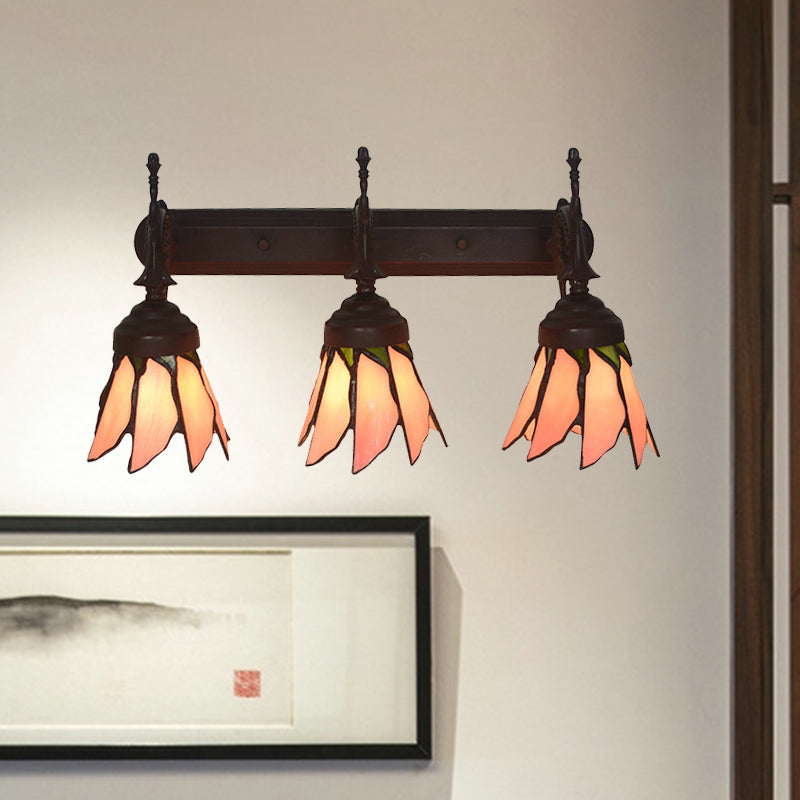 Mission Flower/Morning Glory Sconce 3 Lights Pink Glass Wall Mount Light Fixture with Curved Arm for Dining Room Clearhalo 'Art deco wall lights' 'Cast Iron' 'Glass' 'Industrial' 'Middle century wall lights' 'Modern' 'Tiffany wall lights' 'Tiffany' 'Traditional wall lights' 'Wall Lamps & Sconces' 'Wall Lights' Lighting' 890436