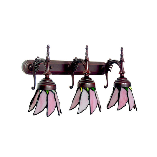 Mission Flower/Morning Glory Sconce 3 Lights Pink Glass Wall Mount Light Fixture with Curved Arm for Dining Room Clearhalo 'Art deco wall lights' 'Cast Iron' 'Glass' 'Industrial' 'Middle century wall lights' 'Modern' 'Tiffany wall lights' 'Tiffany' 'Traditional wall lights' 'Wall Lamps & Sconces' 'Wall Lights' Lighting' 890438