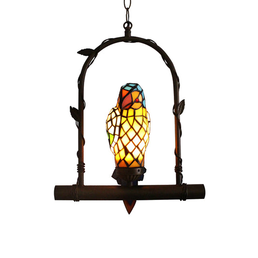 Victorian Parrot Wall Mounted Light Mediterranean 1 Light Stained Art Glass Sconce in Yellow with Perch Swing Clearhalo 'Ceiling Lights' 'Glass shade' 'Glass' 'Industrial' 'Middle Century Pendants' 'Pendant Lights' 'Pendants' 'Tiffany close to ceiling' 'Tiffany Pendants' 'Tiffany' Lighting' 890445