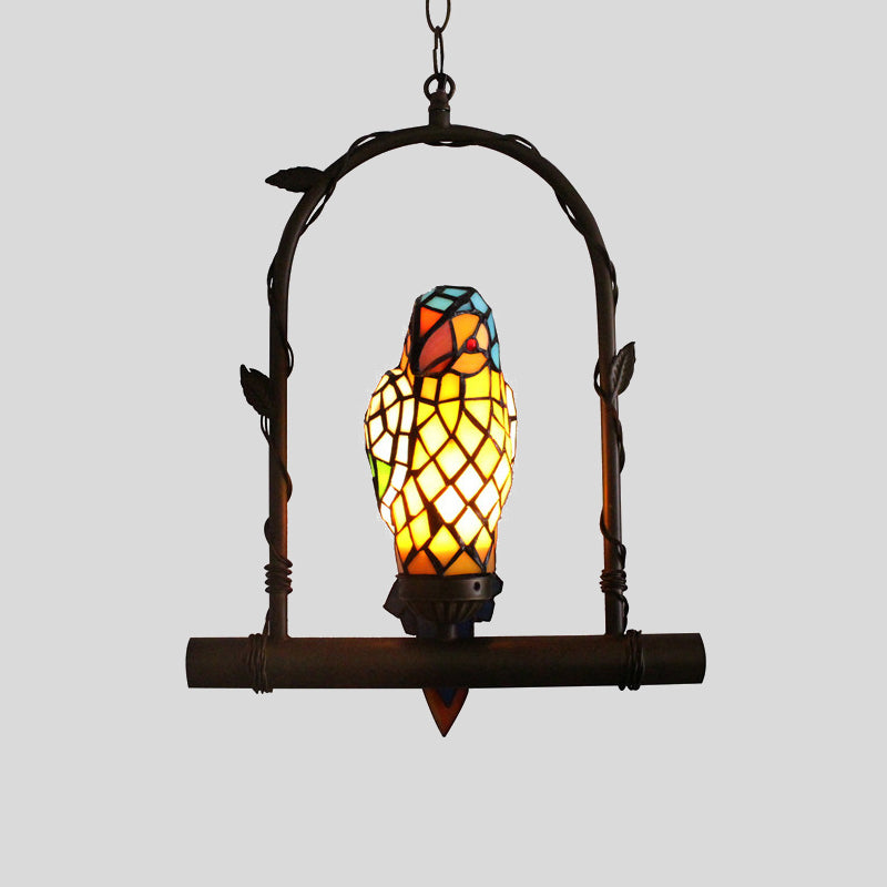 Victorian Parrot Wall Mounted Light Mediterranean 1 Light Stained Art Glass Sconce in Yellow with Perch Swing Clearhalo 'Ceiling Lights' 'Glass shade' 'Glass' 'Industrial' 'Middle Century Pendants' 'Pendant Lights' 'Pendants' 'Tiffany close to ceiling' 'Tiffany Pendants' 'Tiffany' Lighting' 890446
