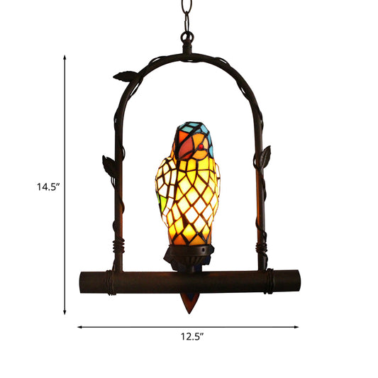 Victorian Parrot Wall Mounted Light Mediterranean 1 Light Stained Art Glass Sconce in Yellow with Perch Swing Clearhalo 'Ceiling Lights' 'Glass shade' 'Glass' 'Industrial' 'Middle Century Pendants' 'Pendant Lights' 'Pendants' 'Tiffany close to ceiling' 'Tiffany Pendants' 'Tiffany' Lighting' 890447