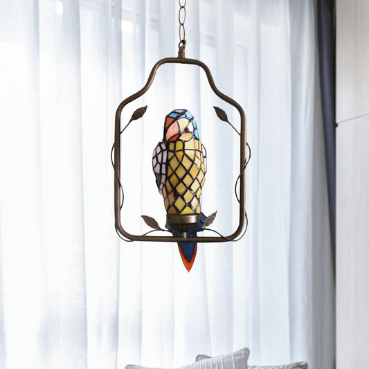Yellow 1 Head Sconce Light Tiffany Style Hand Cut Glass Parrot Shaped Wall Lighting Ideas with Perch Swing Clearhalo 'Ceiling Lights' 'Glass shade' 'Glass' 'Industrial' 'Middle Century Pendants' 'Pendant Lights' 'Pendants' 'Tiffany close to ceiling' 'Tiffany Pendants' 'Tiffany' Lighting' 890449