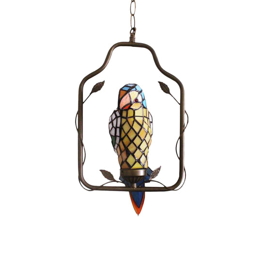 Yellow 1 Head Sconce Light Tiffany Style Hand Cut Glass Parrot Shaped Wall Lighting Ideas with Perch Swing Clearhalo 'Ceiling Lights' 'Glass shade' 'Glass' 'Industrial' 'Middle Century Pendants' 'Pendant Lights' 'Pendants' 'Tiffany close to ceiling' 'Tiffany Pendants' 'Tiffany' Lighting' 890450