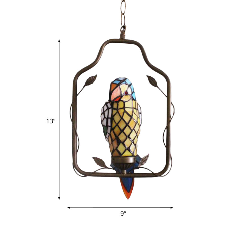 Yellow 1 Head Sconce Light Tiffany Style Hand Cut Glass Parrot Shaped Wall Lighting Ideas with Perch Swing Clearhalo 'Ceiling Lights' 'Glass shade' 'Glass' 'Industrial' 'Middle Century Pendants' 'Pendant Lights' 'Pendants' 'Tiffany close to ceiling' 'Tiffany Pendants' 'Tiffany' Lighting' 890451
