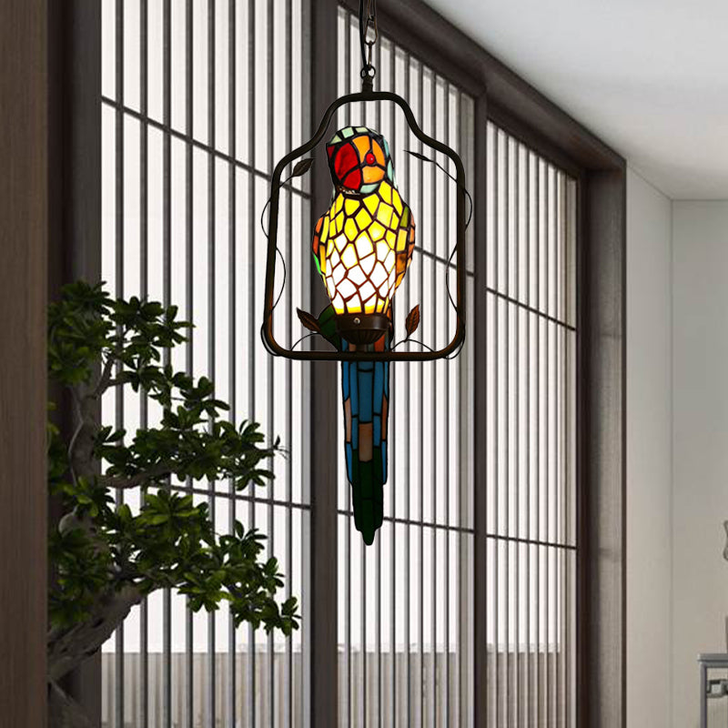 1 Bulb Parrot Wall Sconce Baroque Blue Cut Glass Long Feather Wall Light Fixture with Perch Swing Clearhalo 'Ceiling Lights' 'Glass shade' 'Glass' 'Industrial' 'Middle Century Pendants' 'Pendant Lights' 'Pendants' 'Tiffany close to ceiling' 'Tiffany Pendants' 'Tiffany' Lighting' 890453