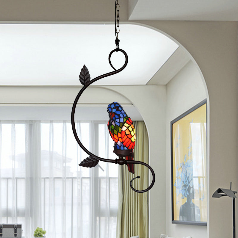Parrot Pendant Light Kit Victorian Stained Glass 1-Light Yellow/Blue Ceiling Suspension Lamp with Curvy Arm Clearhalo 'Ceiling Lights' 'Glass shade' 'Glass' 'Industrial' 'Middle Century Pendants' 'Pendant Lights' 'Pendants' 'Tiffany close to ceiling' 'Tiffany Pendants' 'Tiffany' Lighting' 890457