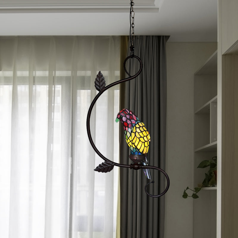 Parrot Pendant Light Kit Victorian Stained Glass 1-Light Yellow/Blue Ceiling Suspension Lamp with Curvy Arm Clearhalo 'Ceiling Lights' 'Glass shade' 'Glass' 'Industrial' 'Middle Century Pendants' 'Pendant Lights' 'Pendants' 'Tiffany close to ceiling' 'Tiffany Pendants' 'Tiffany' Lighting' 890462