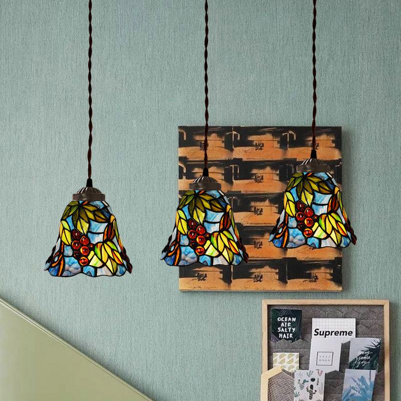 3-Light Dining Room Multi Pendant Light Mediterranean Pink/Blue/Green Hanging Lamp with Flared/Dome Stained Glass Shade Clearhalo 'Ceiling Lights' 'Glass shade' 'Glass' 'Industrial' 'Middle Century Pendants' 'Pendant Lights' 'Pendants' 'Tiffany close to ceiling' 'Tiffany Pendants' 'Tiffany' Lighting' 890493