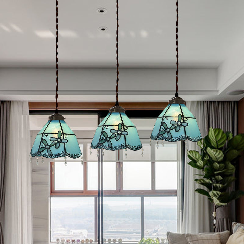 3-Light Dining Room Multi Pendant Light Mediterranean Pink/Blue/Green Hanging Lamp with Flared/Dome Stained Glass Shade Clearhalo 'Ceiling Lights' 'Glass shade' 'Glass' 'Industrial' 'Middle Century Pendants' 'Pendant Lights' 'Pendants' 'Tiffany close to ceiling' 'Tiffany Pendants' 'Tiffany' Lighting' 890497