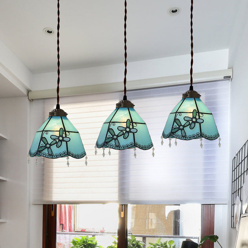 3-Light Dining Room Multi Pendant Light Mediterranean Pink/Blue/Green Hanging Lamp with Flared/Dome Stained Glass Shade Clearhalo 'Ceiling Lights' 'Glass shade' 'Glass' 'Industrial' 'Middle Century Pendants' 'Pendant Lights' 'Pendants' 'Tiffany close to ceiling' 'Tiffany Pendants' 'Tiffany' Lighting' 890498