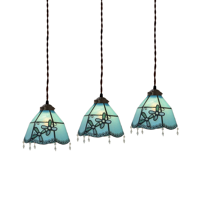 3-Light Dining Room Multi Pendant Light Mediterranean Pink/Blue/Green Hanging Lamp with Flared/Dome Stained Glass Shade Clearhalo 'Ceiling Lights' 'Glass shade' 'Glass' 'Industrial' 'Middle Century Pendants' 'Pendant Lights' 'Pendants' 'Tiffany close to ceiling' 'Tiffany Pendants' 'Tiffany' Lighting' 890499