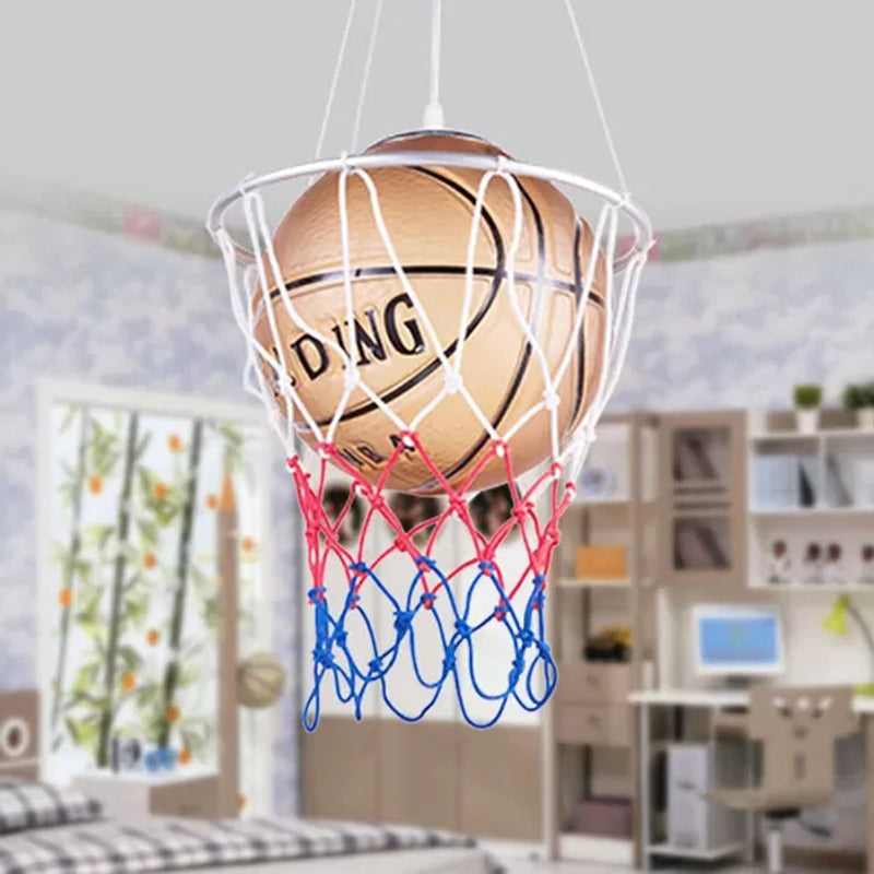 Glass Basketball Pendant Light with Basket Hoop 1 Head Sport Hanging Lamp in Brown for Bedroom Brown Clearhalo 'Ceiling Lights' 'Close To Ceiling Lights' 'Glass shade' 'Glass' 'Pendant Lights' 'Pendants' Lighting' 89065