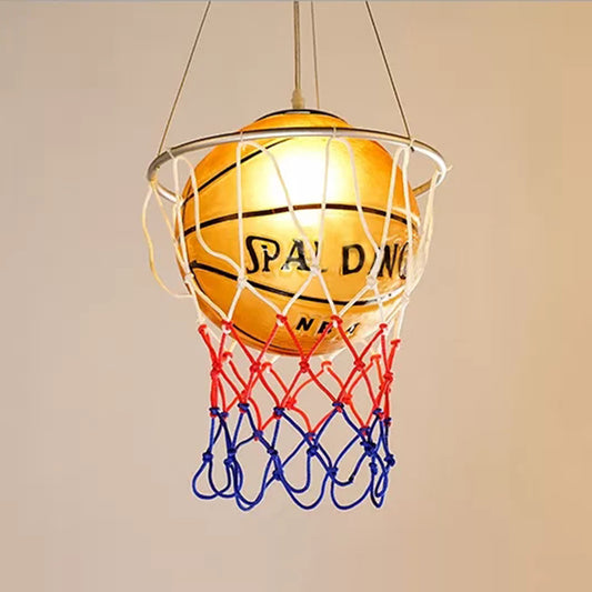 Glass Basketball Pendant Light with Basket Hoop 1 Head Sport Hanging Lamp in Brown for Bedroom Clearhalo 'Ceiling Lights' 'Close To Ceiling Lights' 'Glass shade' 'Glass' 'Pendant Lights' 'Pendants' Lighting' 89066