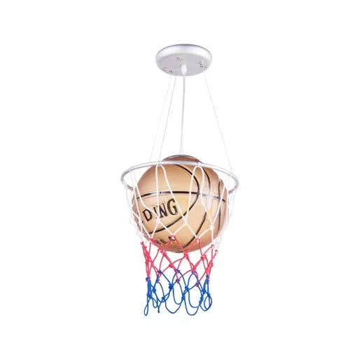 Glass Basketball Pendant Light with Basket Hoop 1 Head Sport Hanging Lamp in Brown for Bedroom Clearhalo 'Ceiling Lights' 'Close To Ceiling Lights' 'Glass shade' 'Glass' 'Pendant Lights' 'Pendants' Lighting' 89067
