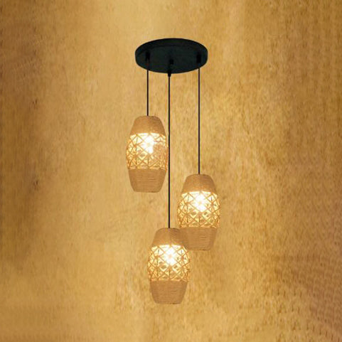 Natural Rope Beige Pendant Light with Round Canopy Oval Shade 3 Lights Industrial Hanging Light Fixture Clearhalo 'Art Deco Pendants' 'Cast Iron' 'Ceiling Lights' 'Ceramic' 'Crystal' 'Industrial Pendants' 'Industrial' 'Metal' 'Middle Century Pendants' 'Pendant Lights' 'Pendants' 'Tiffany' Lighting' 89159