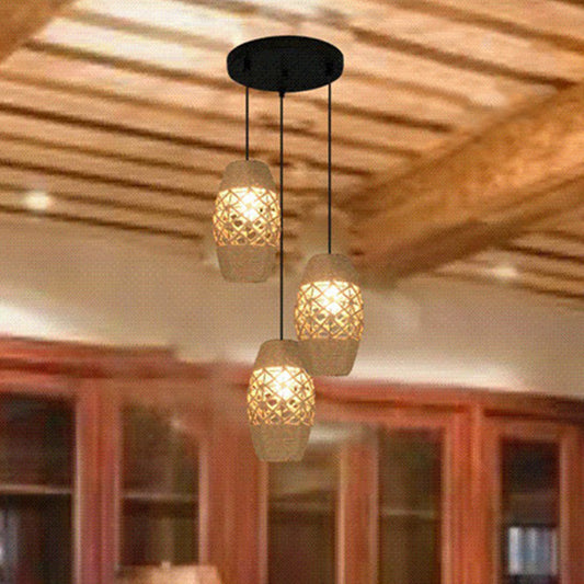 Natural Rope Beige Pendant Light with Round Canopy Oval Shade 3 Lights Industrial Hanging Light Fixture Beige Clearhalo 'Art Deco Pendants' 'Cast Iron' 'Ceiling Lights' 'Ceramic' 'Crystal' 'Industrial Pendants' 'Industrial' 'Metal' 'Middle Century Pendants' 'Pendant Lights' 'Pendants' 'Tiffany' Lighting' 89161