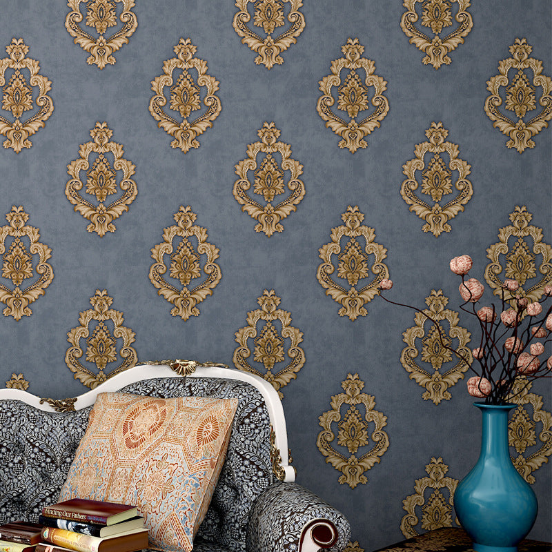 Vinyl Victorian Damask Wallpaper 33' x 20.5" Classic Non-Pasted Floral Wall Decor Dark Blue Clearhalo 'Vintage wall decor' 'Vintage' 'Wallpaper' Wall Decor' 892910