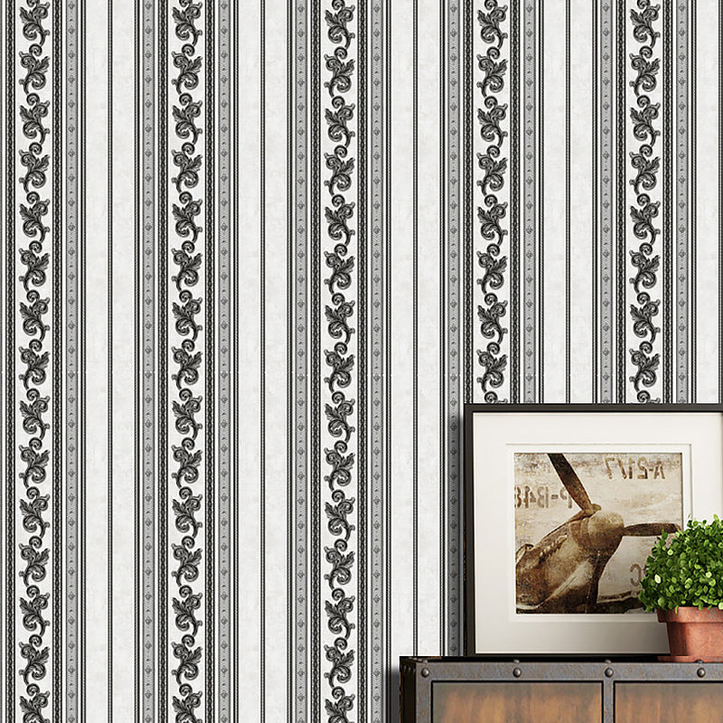 Vinyl Water-Resistant Wallpaper with Natural Color Stripe and Floral Design, 54.2 sq ft. Black-White Clearhalo 'Vintage wall decor' 'Vintage' 'Wallpaper' Wall Decor' 892931