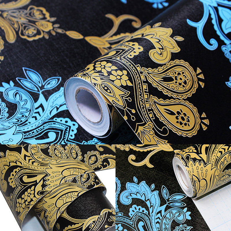 Black Damask Self-Adhesive Wallpaper Waterproof 17.5 in x 19.5 ft Clearhalo 'Vintage wall decor' 'Vintage' 'Wallpaper' Wall Decor' 892987