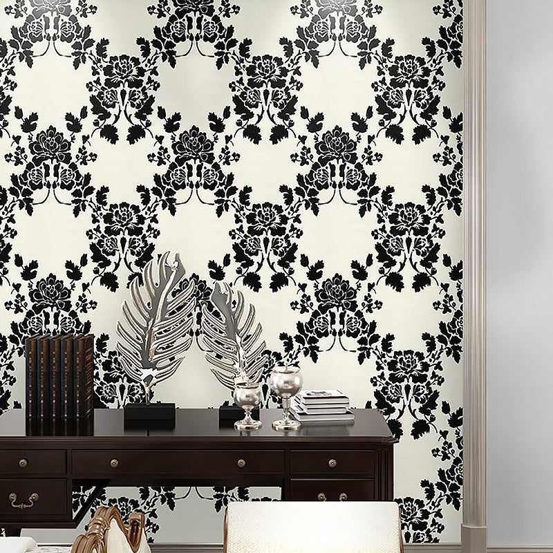 Black Damask Self-Adhesive Wallpaper Waterproof 17.5 in x 19.5 ft Clearhalo 'Vintage wall decor' 'Vintage' 'Wallpaper' Wall Decor' 892990
