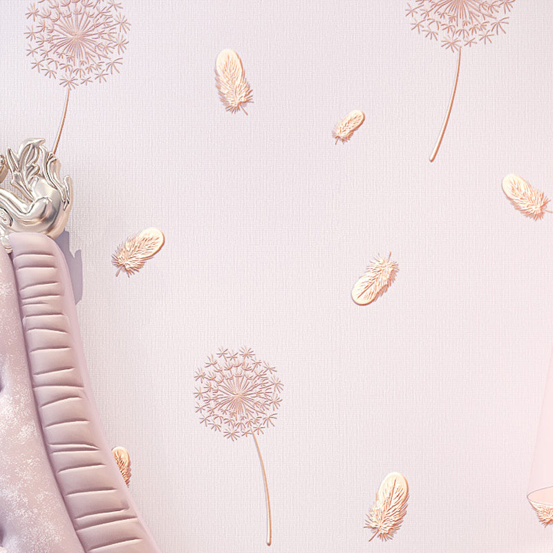 Pink Dandelion and Feather Wallpaper for Girl, 33-foot x 20.5-inch Moisture-Resistant Non-Pasted Pink Clearhalo 'Wall Decor' 'Wallpaper' 893094